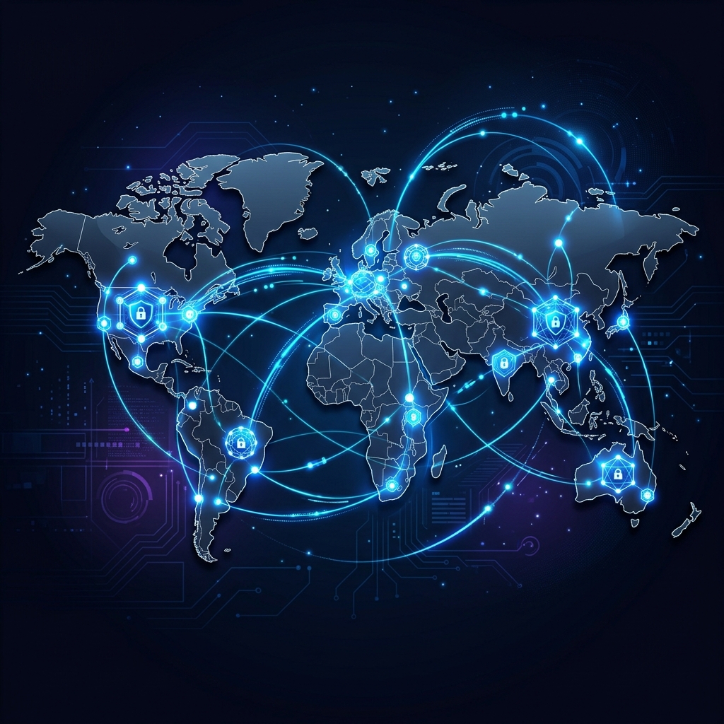Red corporativa global y segura conectando nodos mediante VPN